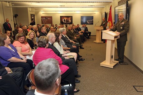 The Marine Corps Information Operations Center (MCIOC) dedicates it's new building, Walt Hall, to General Lewis W. Walt on  April 19, 2013 at Marine Corps Base Quantico, Quantico, Va. Gen. Walt was designated in 1968 as the first four-star Assistant Commandant of the Marine Corps and is recognized as a pioneer in Marine Corps information operations. (Official U.S. Marine Corps photo by Sgt. Kristofer Atkinson/Released)