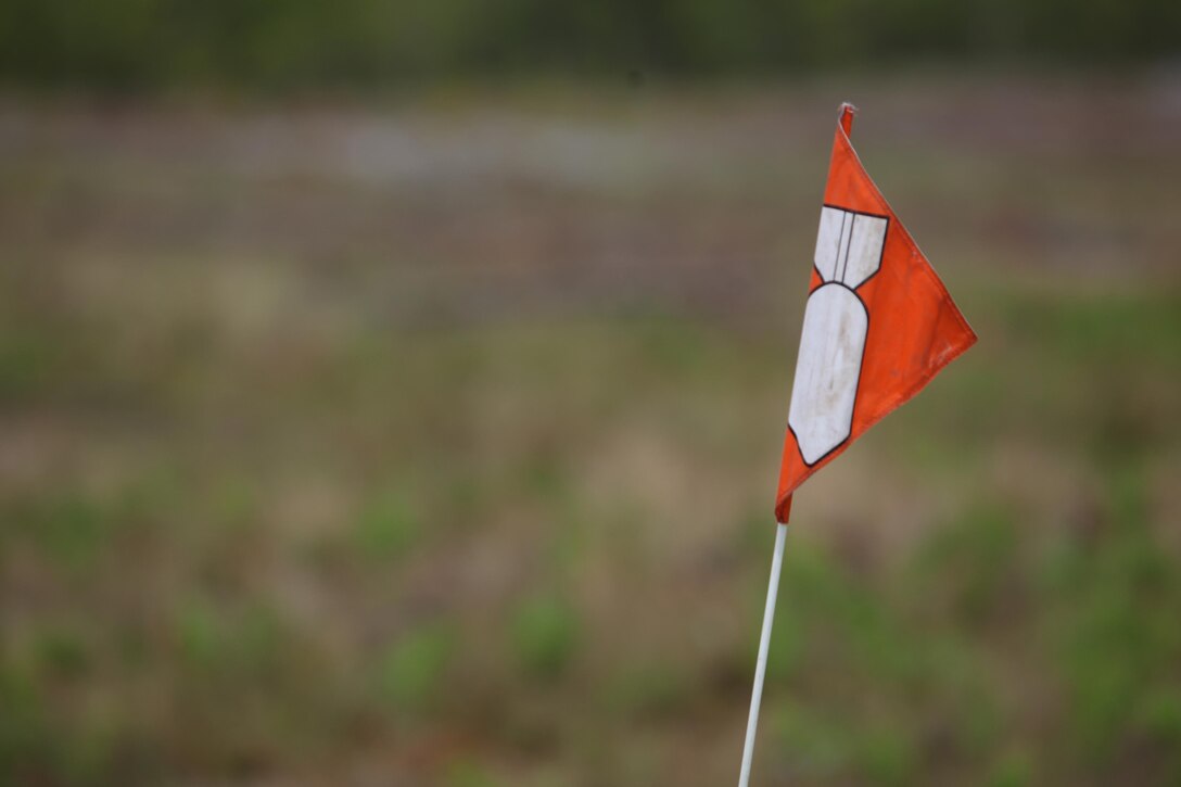 An orange flag marks unserviceable explosives during an explosive ordnance disposal, or EOD, exercise held by Ammunition Company, 2nd Supply Battalion, 2nd Marine Logistics Group aboard Camp Lejeune, N.C., May 7, 2013. The flags revealed stockpiles of ammunition hidden in tall grass and brush as a warning, and allowed Marines to locate the caches easier. 