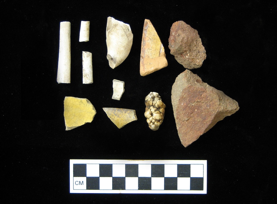Many types of artifacts are found at MCB Camp Lejeune. These are all historic artifacts recovered from an archaeology site on the base, such as kaolin pipe fragments and ceramics.

