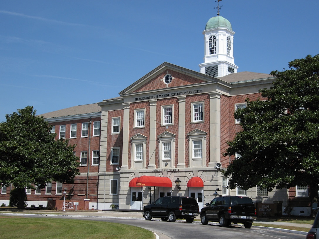 Building H1 Main Entrance / Julian C. Smith Hall. Building H1 was built in 1942-43 as U.S. Naval Hospital, New River, and served as the main hospital for all the Marine Corps Base Camp Lejeune until the Naval Regional Medical Center was opened in 1980. As a hospital, H1 was set at the tip of Hadnot Point, away from the rest of the main station, to prevent the spread of contagious diseases and to buffer the patients from noise.