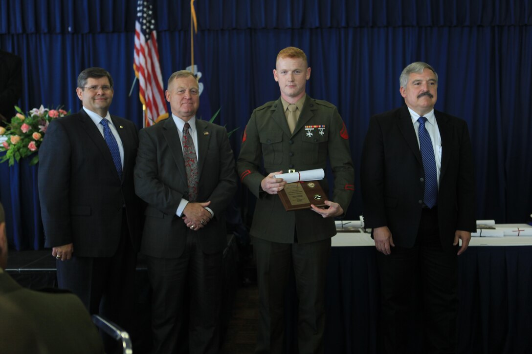 Lance Cpl. Joshua P. Kirkman, the senior fiscal/supply clerk for the 4th Marine Aircraft Wing, was recognized in the category of outstanding military enlisted personnel at the Federal Executive Board Distinguished Service Awards luncheon at the NASA Michoud Assembly Facility here, May 8. The luncheon was a part of New Orleans Public Service Recognition week, sponsored by the New Orleans mayor’s office. (U.S. Marine Corps photo by Lance Cpl. Tiffany Edwards/Released)