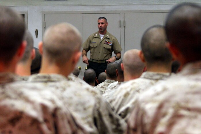 Capt. James Sherwood, series commander, Company  F, 2nd Recruit Training Battalion, teaches recruits about  equal opportunity aboard Marine Corps Recruit Depot San Diego April 26.  Recruits are encouraged to confide in their drill instructors if they experience discrimination so that proper measures may be taken to resolve the issue.