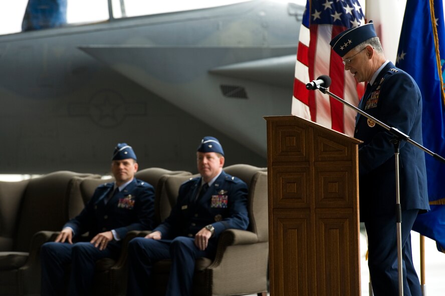 U.S. Air Force Lt. Gen. Salvatore Angelella, 5th Air Force and U.S. Forces, Japan, commander, speaks during the 18th Wing change of command ceremony on Kadena Air Base, Japan, May 13, 2013. During the ceremony, command of the 18th Wing was relinquished by Brig. Gen. Matt Molloy and passed to Brig. Gen. James Hecker, who will serve as the wing commander for the next two years. (U.S. Air Force photo by Senior Airman Maeson L. Elleman/Released)