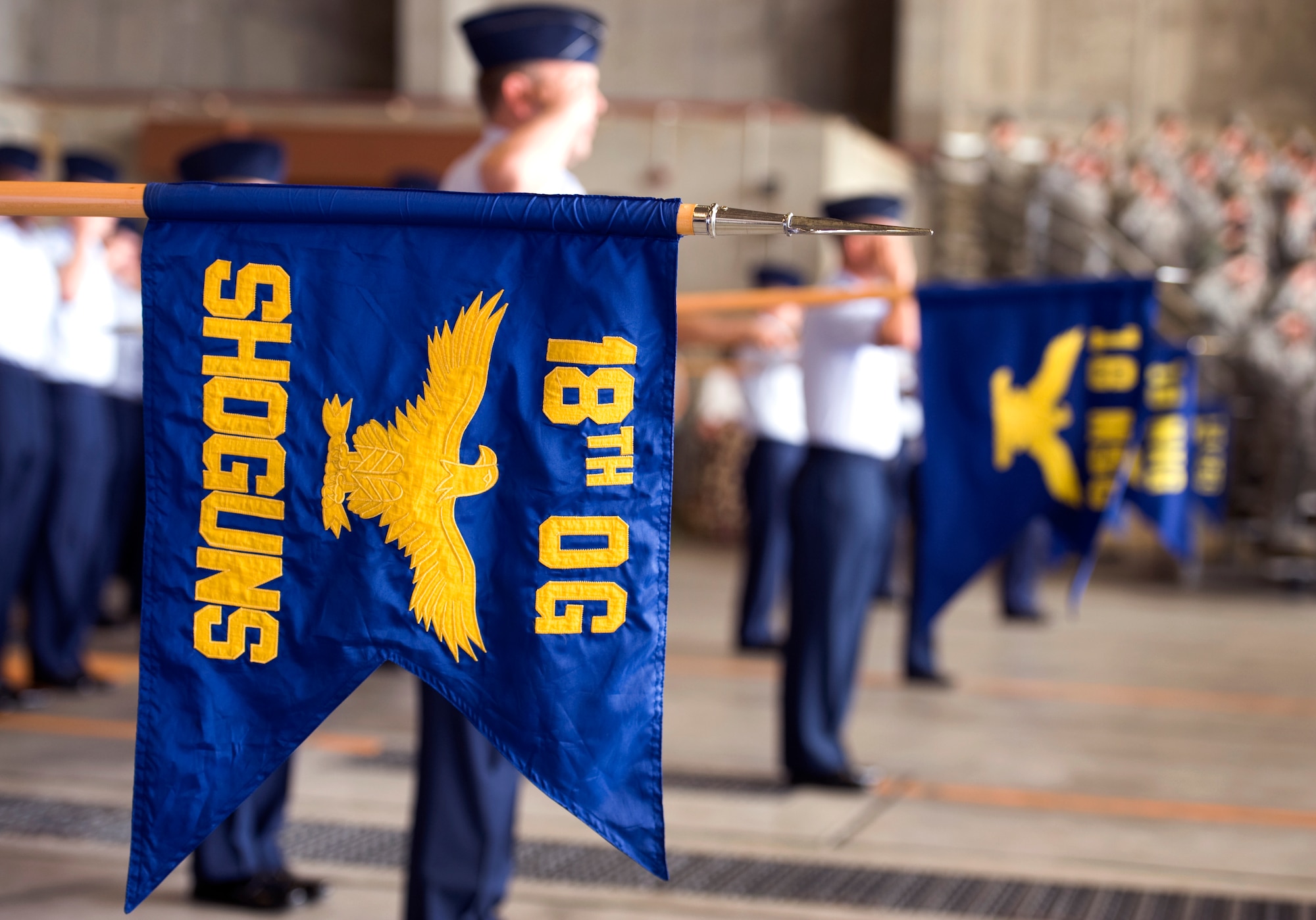 U.S. Air Force Airmen representing the different groups under the 18th Wing present arms to Lt. Gen. Salvatore Angelella, 5th Air Force and U.S. Forces, Japan, commander, during the 18th Wing change of command ceremony on Kadena Air Base, Japan, May 13, 2013. During the ceremony, Brig. Gen. Matt Molloy relinquished command of the wing as he continues his Air Force career as the U.S. Northern Command deputy director of operations at Peterson Air Force Base, Colo. (U.S. Air Force photo by Senior Airman Maeson L. Elleman/Released)