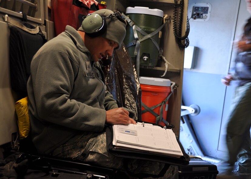 Tech. Sgt. Eddie Maldonado, 446th Aircraft Maintenance Squadron aircraft maintenance technician out of McChord Field, Wash., documents fuel servicing on a C-17 Globemaster III aircraft, April 25 at Joint Base Elmendorf-Richardson, Alaska. Maldonado and other Reservists from the 446th AMXS were at JBER fulfilling their two-week annual training requirements with the 732nd Air Mobility Squadron, JBER, April 21 to May 5. (U.S. Air Force photo/Tech. Sgt. Dana Rosso)