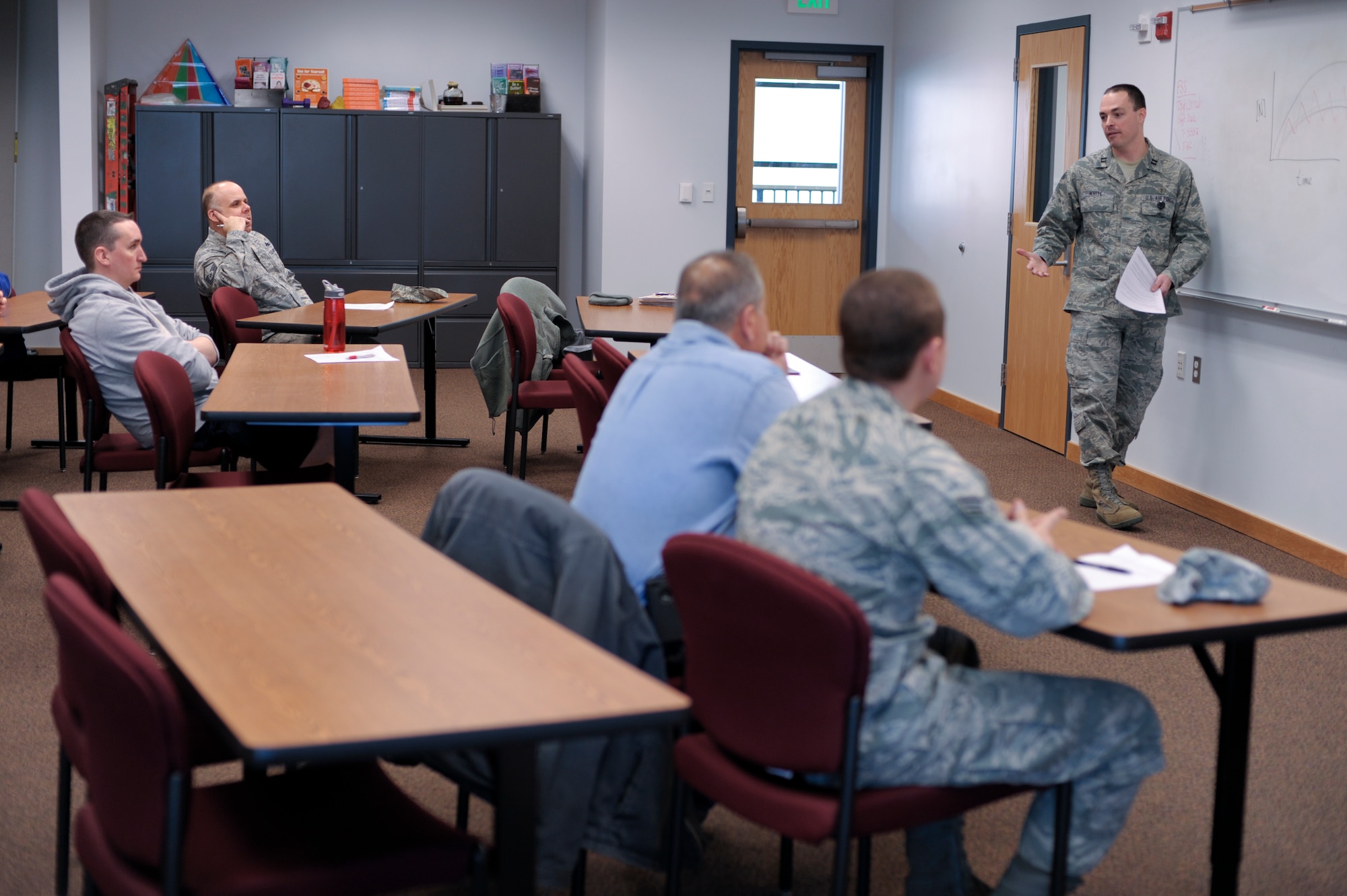 Eielson Icemen attend a Tobacco Cessation class in the Baker Field House May 8, 2013, Eielson Air Force Base Alaska. The Health and Wellness Center hosts the classes geared toward enabling tobacco users to quit their smoking and chewing habits. (U.S. Air Force Photo by Airman 1st Class Peter Reft/Released)