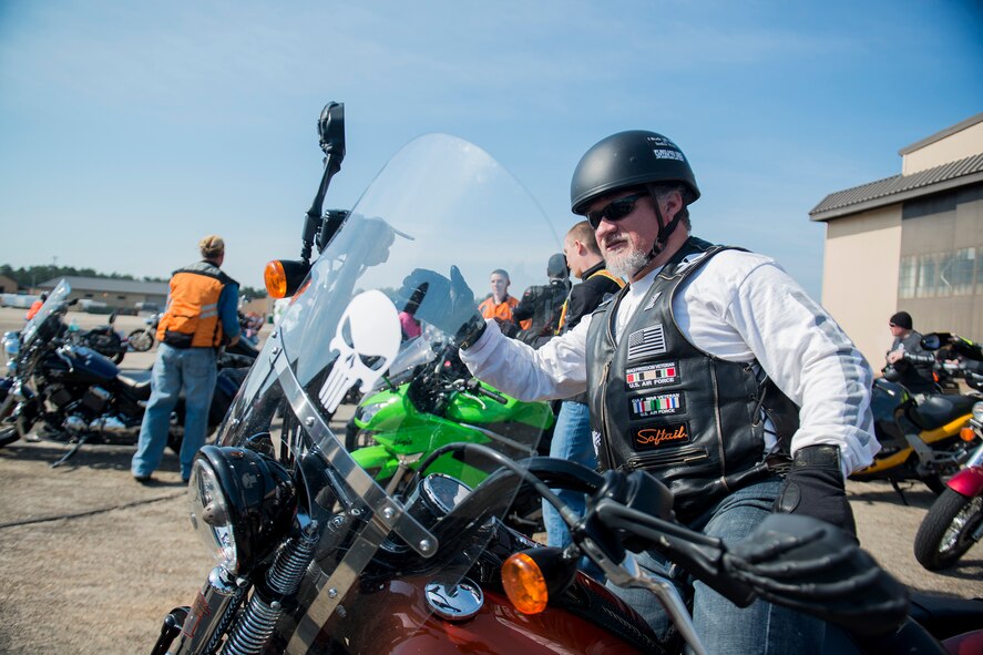Retired U.S. Air Force Master Sgt. Robert Emond hops on his bike before the start of the base’s first-ever Air Force Assistance Fund Motorcycle Ride Fundraiser May 10, 2013, at Moody Air Force Base, Ga. Riders of various ages and experience levels took part in the first annual event. (U.S. Air Force photo by Staff Sgt. Jamal D. Sutter/Released) 