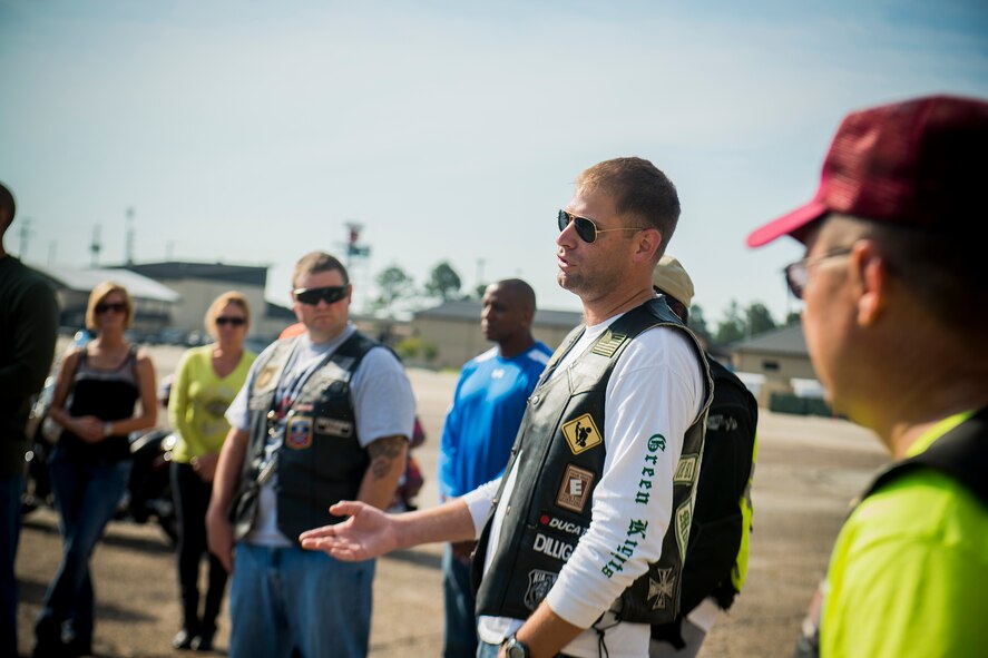 U.S. Air Force Tech. Sgt. Daniel Fleig, 93d Air Ground Operations Wing accounting NCO in charge, speaks about upcoming motorcycle events before the start of the base’s first-ever Air Force Assistance Fund (AFAF) Motorcycle Ride Fundraiser May 10, 2013, at Moody Air Force Base, Ga. The event raised $600 in support of the AFAF. (U.S. Air Force photo by Staff Sgt. Jamal D. Sutter/Released) 
