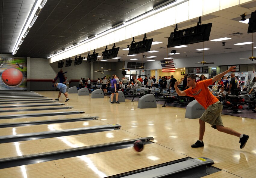 Barksdale Airmen participate in a bowling competition during Sports Day 2013 on Barksdale Air Force Base, La., May 10, 2013. Sports Day gave Airmen the opportunity to compete against other squadrons in friendly competition to build teamwork and increase the awareness of fitness. (U.S. Air Force photo/Airman 1st Class Benjamin Gonsier)
