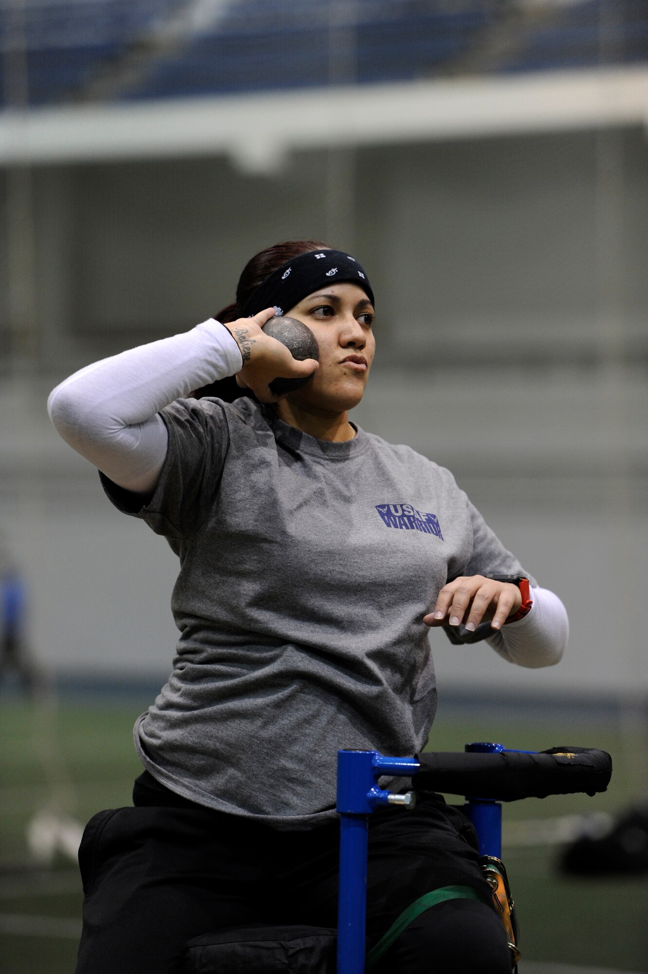 Retired Staff Sgt. Zuleika Cruz-Pereira practices the shot put prior to the start of the 2013 Warrior Games in Colorado Springs, Colo.  More than 200 athletes from all services are competing from May 11 through May 16, 2013. (DoD photo/Desiree N. Palacios)