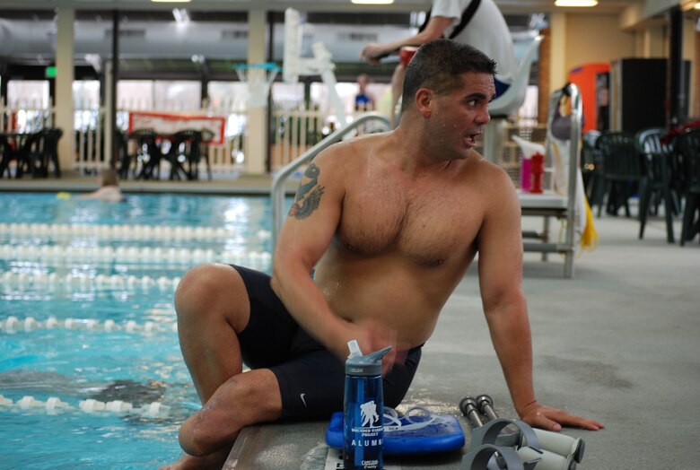 Senior Master Sgt. Martin Smith, 380th Space Control Squadron operations superintendent, will compete in four swimming events during the Warrior Games at the U.S. Air Force Academy. Smith lost his leg in 2012 in a motorcycle accident. (U.S. Air Force photo/Michael Golembesky)