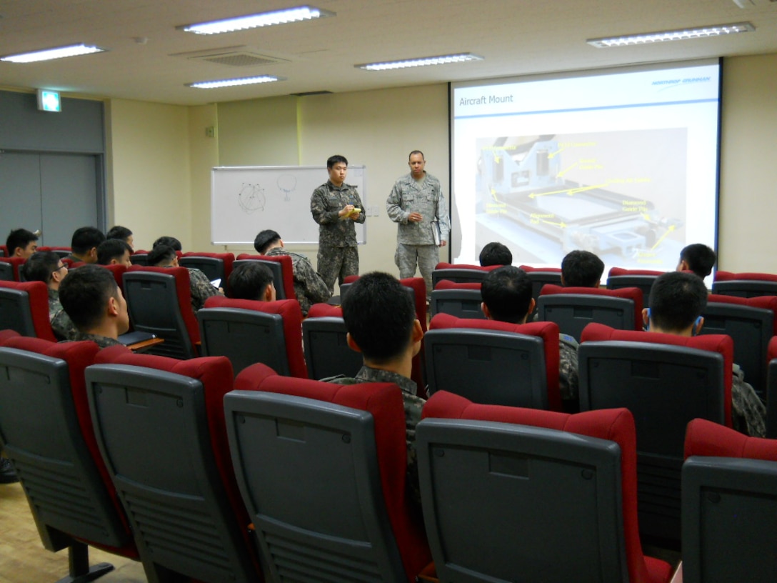 Tech. Sgt. Jaamal MeNefee, 372nd Ttraining Squadron Det 213 at Nellis Air Force Base, Nev., stands in front of a class of Republic of Korea personnel at Joongwon Air Base in ChungJu, South Korea in May, 2013.  MeNefee was one of three airmen to visit South Korea as part of a 372nd TRS mobile training team teaching F-16 avionics systems upgrades to the ROKAF. (U.S. Air Force courtesy photo)