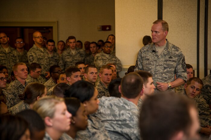 Chief Master Sgt. of the Air Force James Cody speaks to the crowd during an Airmen’s Call May 9, 2013, at the Charleston Club at Joint Base Charleston - Air Base, S.C. Cody talked about sequestration, potential changes to the enlisted evaluation system, and the idea of using a board to select Airmen for promotion to the rank of master sergeant. (U.S. Air Force photo/Staff Sgt. Rasheen Douglas)