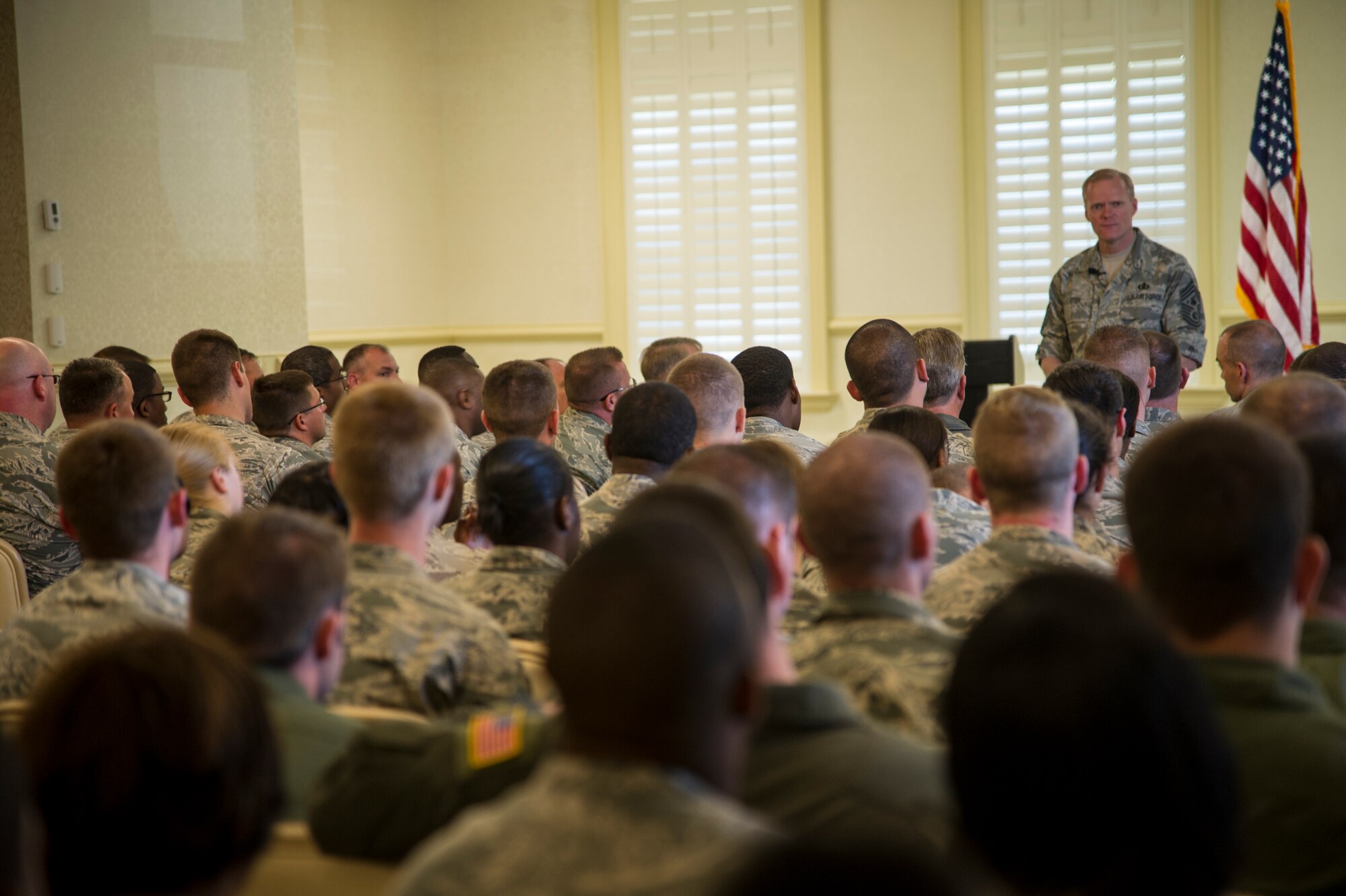 Chief Master Sgt. of the Air Force James Cody speaks to the crowd during an Airmen’s Call May 9, 2013, at the Charleston Club at Joint Base Charleston - Air Base, S.C. Cody talked about sequestration, potential changes to the enlisted evaluation system, and the idea of using a board to select Airmen for promotion to the rank of master sergeant. (U.S. Air Force photo/Staff Sgt. Rasheen Douglas)