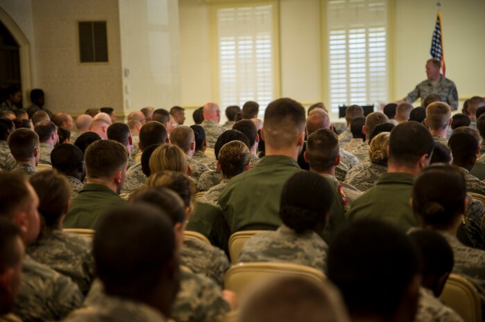 Chief Master Sgt. of the Air Force James Cody speaks to the crowd during an Airmen’s Call May 9, 2013, at the Charleston Club at Joint Base Charleston - Air Base, S.C. Cody talked about sequestration, potential changes to the enlisted evaluation system, and the idea of using a board to select Airmen for promotion to the rank of master sergeant. (U.S. Air Force photo/Staff Sgt. Rasheen Douglas)