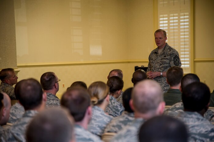 Chief Master Sgt. of the Air Force James Cody speaks to the crowd during an Airmen’s Call May 9, 2013, at the Charleston Club at Joint Base Charleston - Air Base, S.C. Cody talked about sequestration, potential changes to the enlisted evaluation system, and the idea of using a board to select Airmen for promotion to the rank of master sergeant. (U.S. Air Force photo/Staff Sgt. Rasheen Douglas)