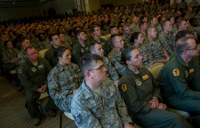 Airmen listen to Chief Master Sgt. of the Air Force James Cody speak May 9, 2013, at the Charleston Club at Joint Base Charleston-Air Base, S.C. Cody talked about sequestration, potential changes to the enlisted evaluation system, and the idea of using a board to select Airmen for promotion to the rank of master sergeant. (U.S. Air Force photo/Staff Sgt. Rasheen Douglas)