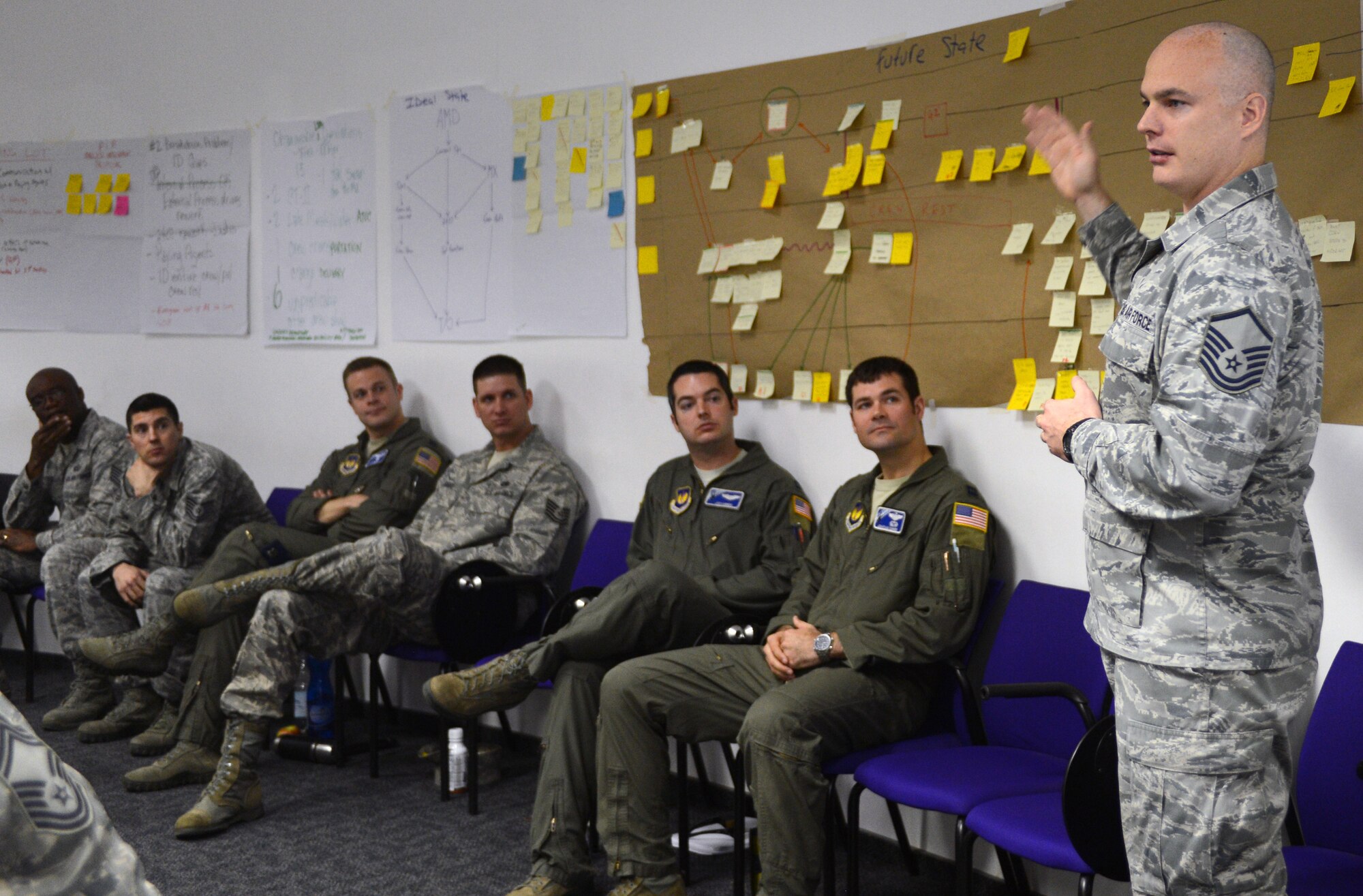 Airmen receive a briefing on Air Force Smart Operations for the 21st century, May 10, 2013, Ramstein Air Base, Germany. AFSO21 focuses on improving mission capabilities to become more efficient across the Air Force. (U.S. Air Force photo/Senior Airman Caitlin O’Neil-McKeown)