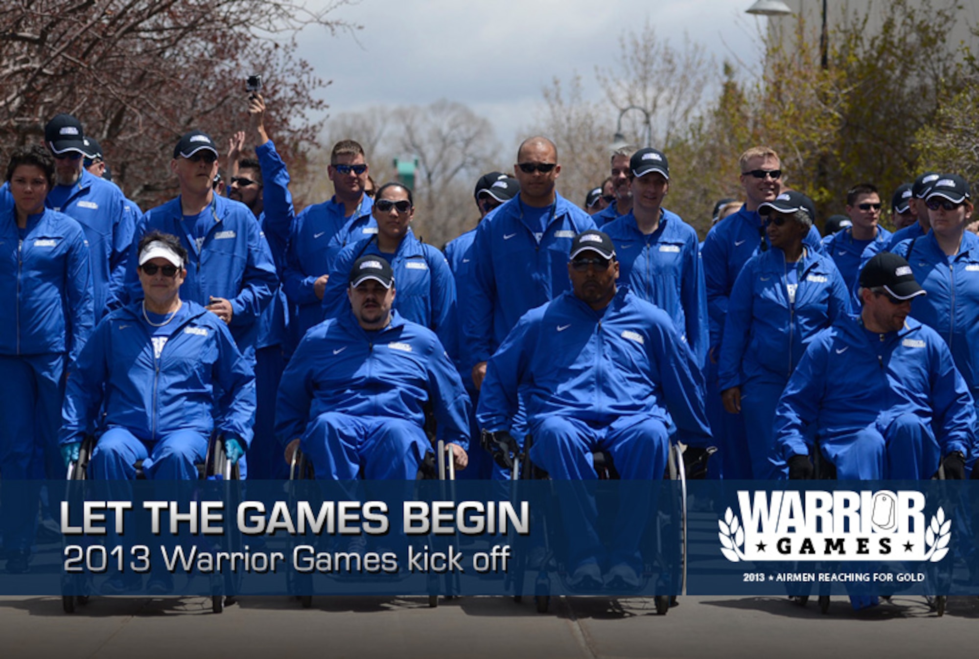 Team Air Force enters the U.S. Olympic Training Center for the opening ceremony of the 2013 Warrior Games in Colorado Springs, Colo., May 11, 2013. From May 11-16,more than 200 wounded, ill and injured servicemembers and veterans from the U.S. Marines, Army, Air Force and Navy, as well as a team representing U.S. Special Operations Command and an international team representing the United Kingdom, will compete for the gold in track and field, shooting, swimming, cycling, archery, wheelchair basketball and sitting volleyball at the U.S. Olympic Training Center and U.S. Air Force Academy. The military service with the most medals will win the Chairman's Cup. (DoD photo/EJ Hersom)