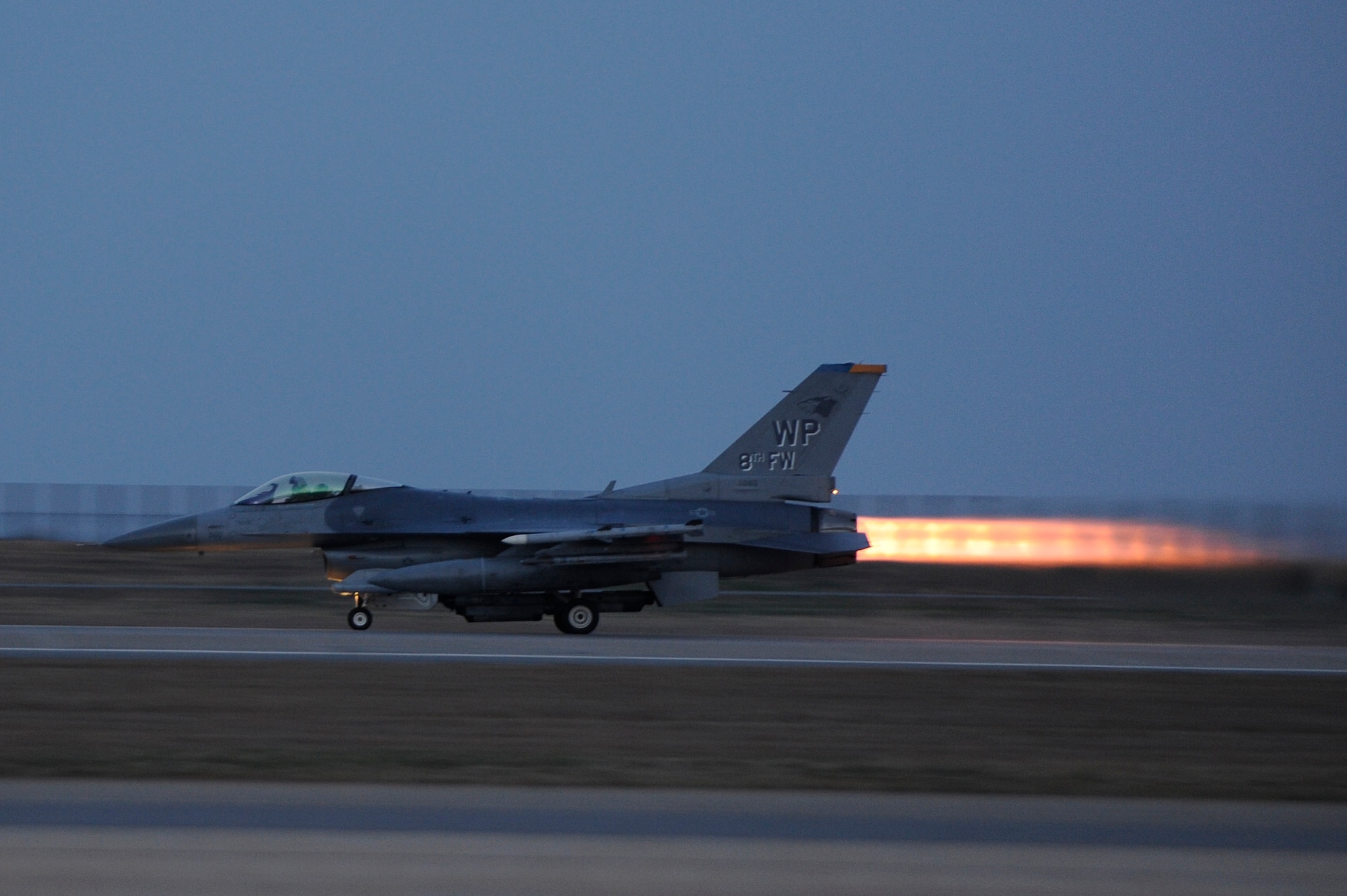 KUNSAN AIR BASE, Republic of Korea -- An F-16 Fighting Falcon with the 8th Fighter Wing takes off during exercise Beverly Bearcat 13-01 at Kunsan Air Base, Republic of Korea, April 9, 2013. This was part of the first set of flights for BB 13-01 and the wing’s annual inspection which tested the capabilities of ground and air crew during various scenarios. (U.S. Air Force photo by Senior Airman Marcus Morris/Released)