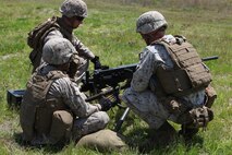 Two Marines with Headquarters and Service Company, 2nd Maintenance Battalion, 2nd Marine Logistics Group (left) and a Marine with 2nd Battalion, 9th Marine Regiment, 2nd Marine Division (right) inspect a .50-caliber M2 machine gun before firing during a field exercise aboard Camp Lejeune, N.C., May 9, 2013. Three machine gunners with 2nd Battalion, 2nd Marines instructed the servicemembers with HqSvc. Co. on the weapon’s proper loading, aiming and firing techniques.