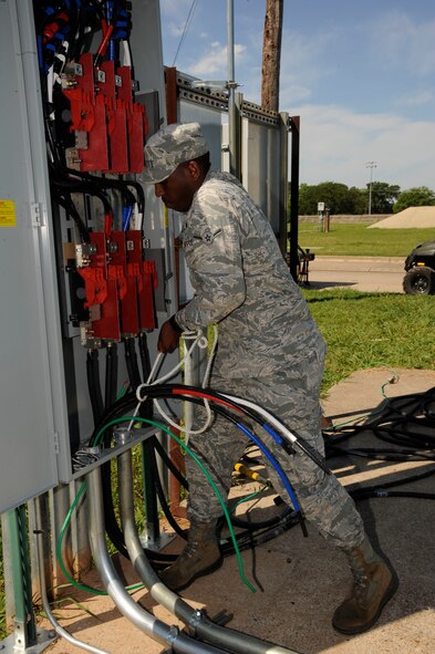 Airman Rahim Moxley, 2nd Civil Engineer Squadron Electrical Power Production, pulls cabling during the installation of a generator on Barksdale Air Force Base, La., May 14, 2013. The old generator was removed and replaced in order to ensure buildings on Barksdale receive power during emergency situations. (U.S. Air Force photo/Airman 1st Class Andrew Moua)