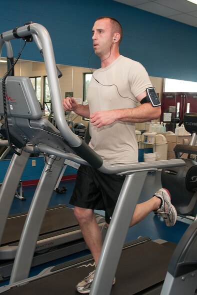 HANSCOM AIR FORCE BASE, Mass. -- Phil Blanchard, 66th Air Base Group chief of protocol, runs on a treadmill as part of his exercise routine at the Hanscom Fitness and Sports Center May 14. May is ‘Exercise is Medicine’ month which encourages more physical activity into people’s lives as well as discussions with their physicians about the types of exercise best suited to their health. (U.S. Air Force photo by Rick Berry)