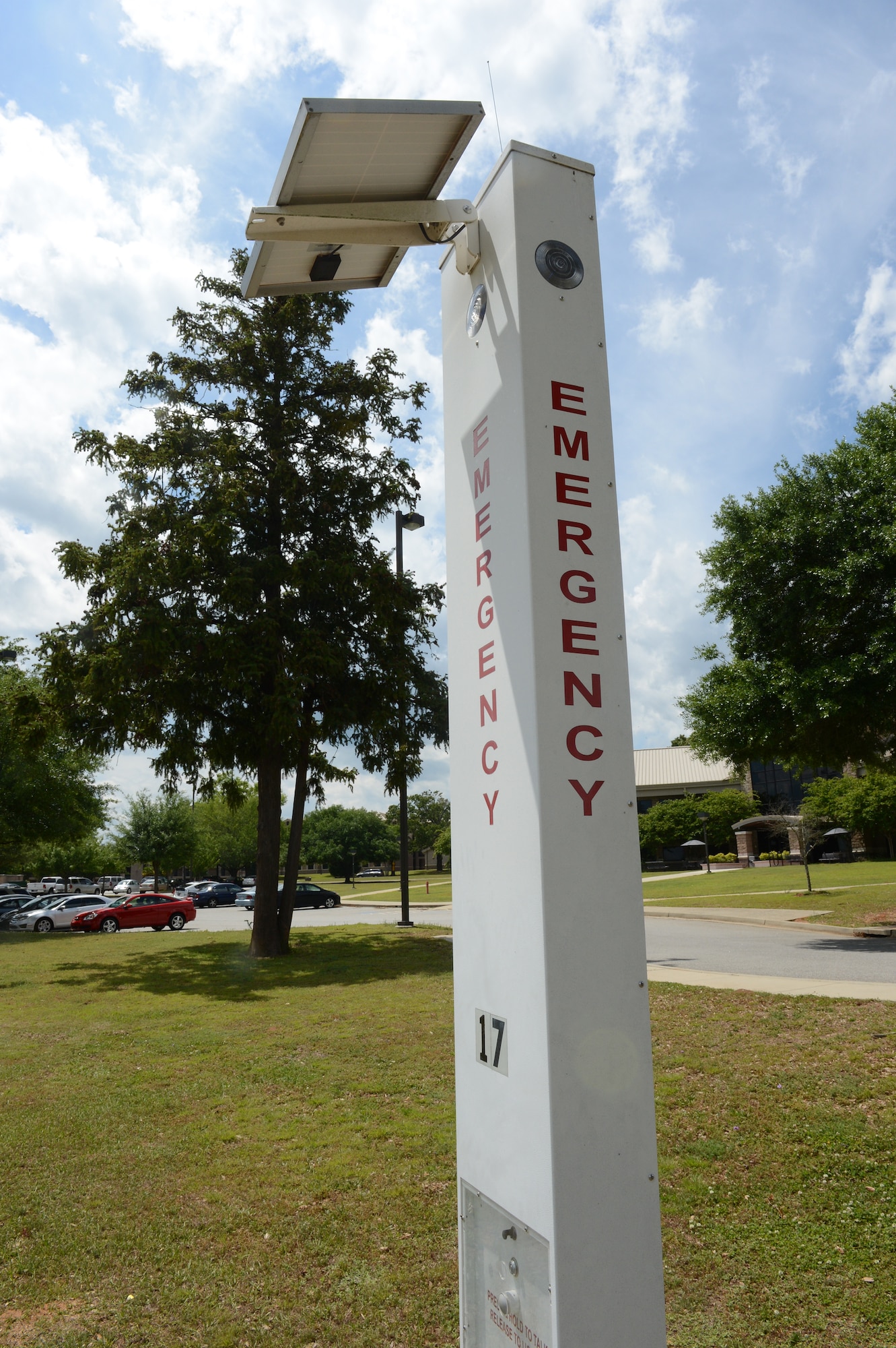 Emergency call stations, such as this one, can be found throughout Shaw Air Force Base, S.C., and serve as a resource to keep Airmen safe. These call stations are provided and maintained by the 20th Fighter Wing Communications Squadron. There are 18 such call stations located around base. (U.S. Air Force photo by Airman 1st Class Daniel Blackwell/Released)