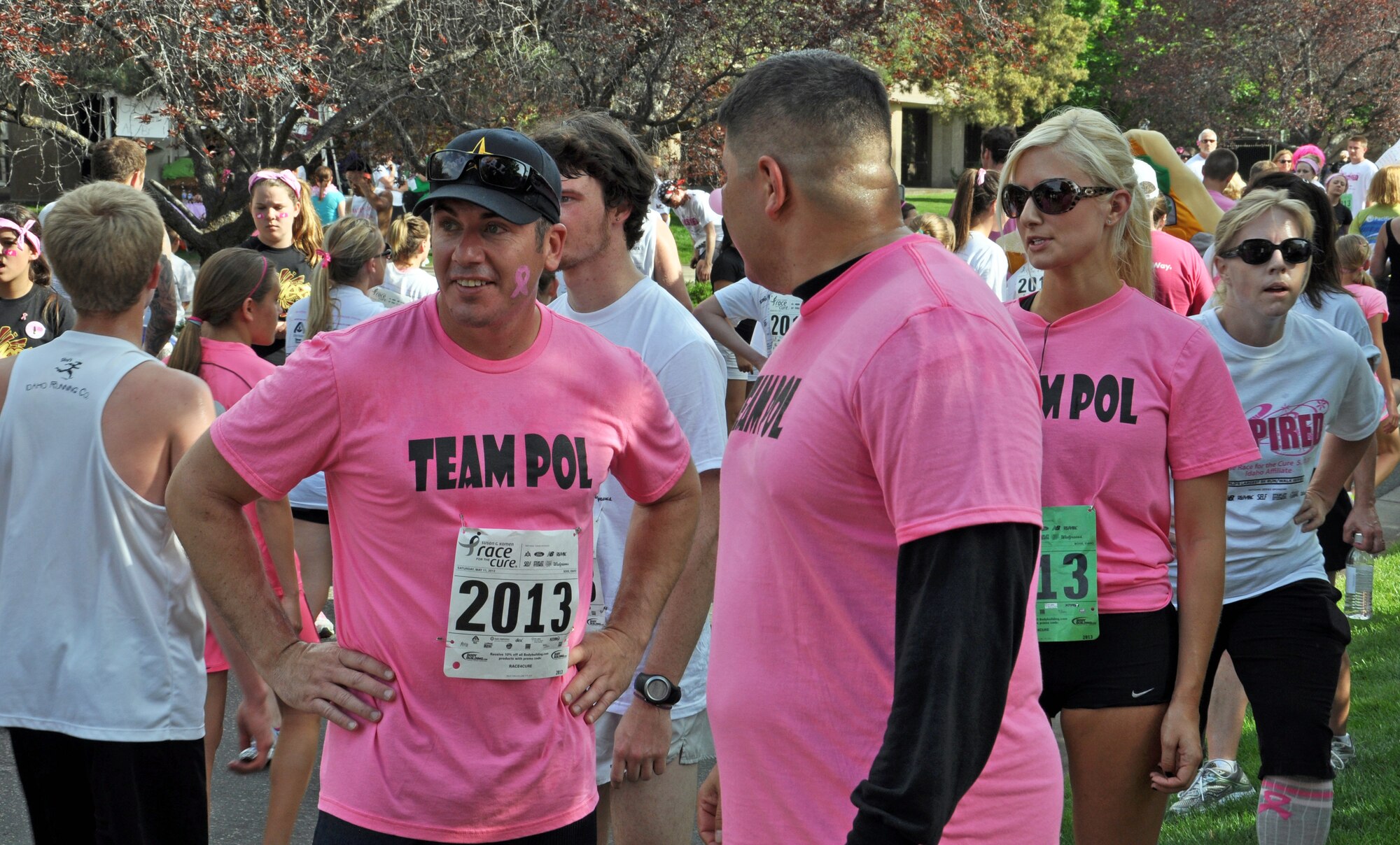 U.S Air Force Tech. Sgt. Rudy Skultety, 366th Logistics Readiness Squadron noncommissioned officer-in-charge of fuels hydrants, stands with other members of his team at the finish line of the Race for the Cure May 11, 2013, in Boise, Idaho. Many base personnel participated in this year's race which included a 5K run and 1 mile run/walk option. (U.S. Air Force photo by Senior Airman Benjamin Sutton/Released) 