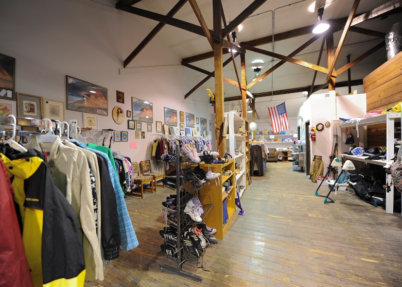 Donations sit in the Airman’s Attic at Moody Air Force Base, Ga., May 7, 2013. Everything donated is offered at no cost to Airmen E-5 and below and their families. (U.S. Air Force photo by Senior Airman Eileen Meier/Released)