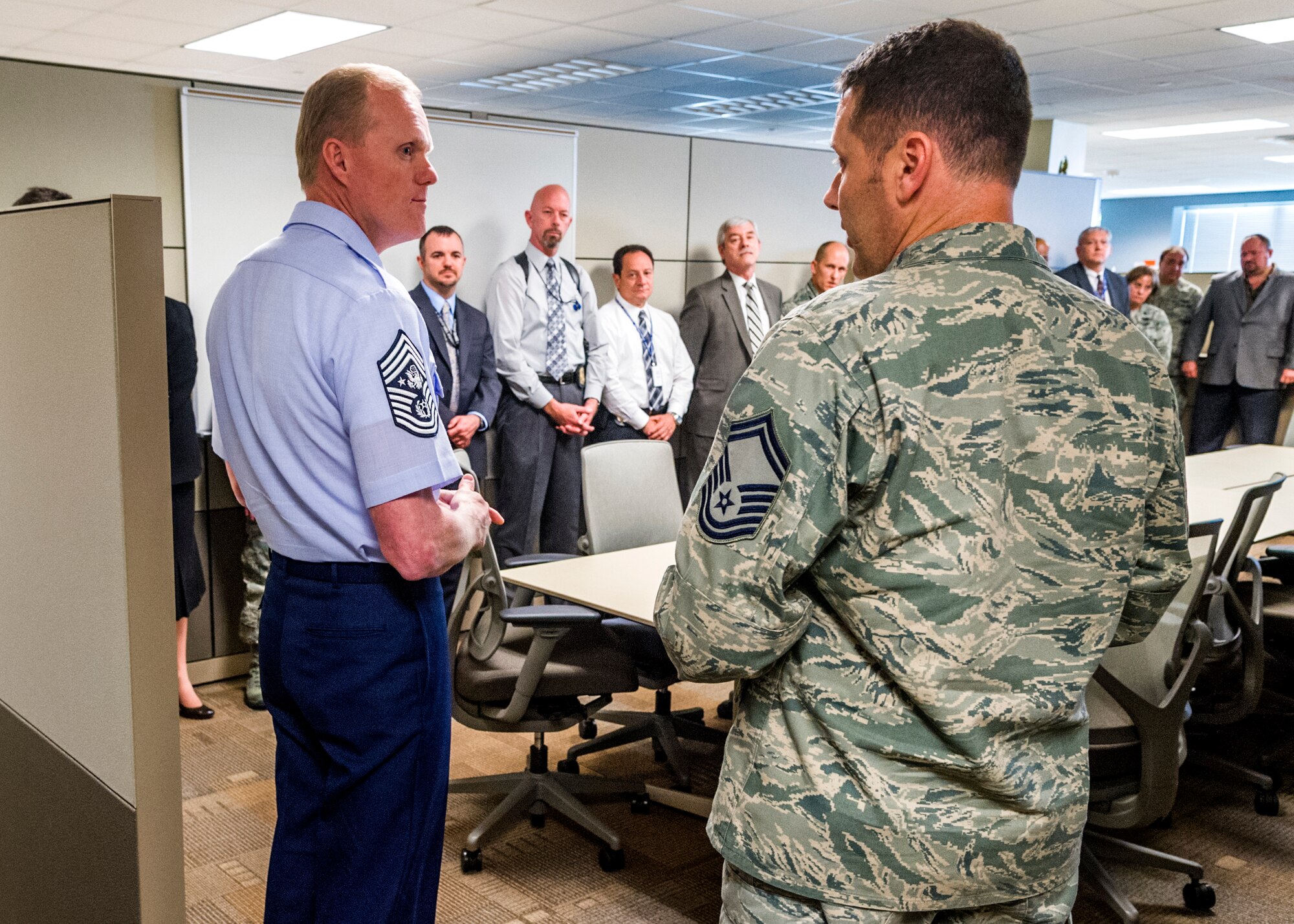 Chief Master Sgt. of the Air Force James Cody speaks with OSI members during his tour of OSI headquarters at Quantico, Va. Cody also received a mission brief and attended a town hall style meeting. (U.S. Air Force Photo/Mr. Mike Hastings)