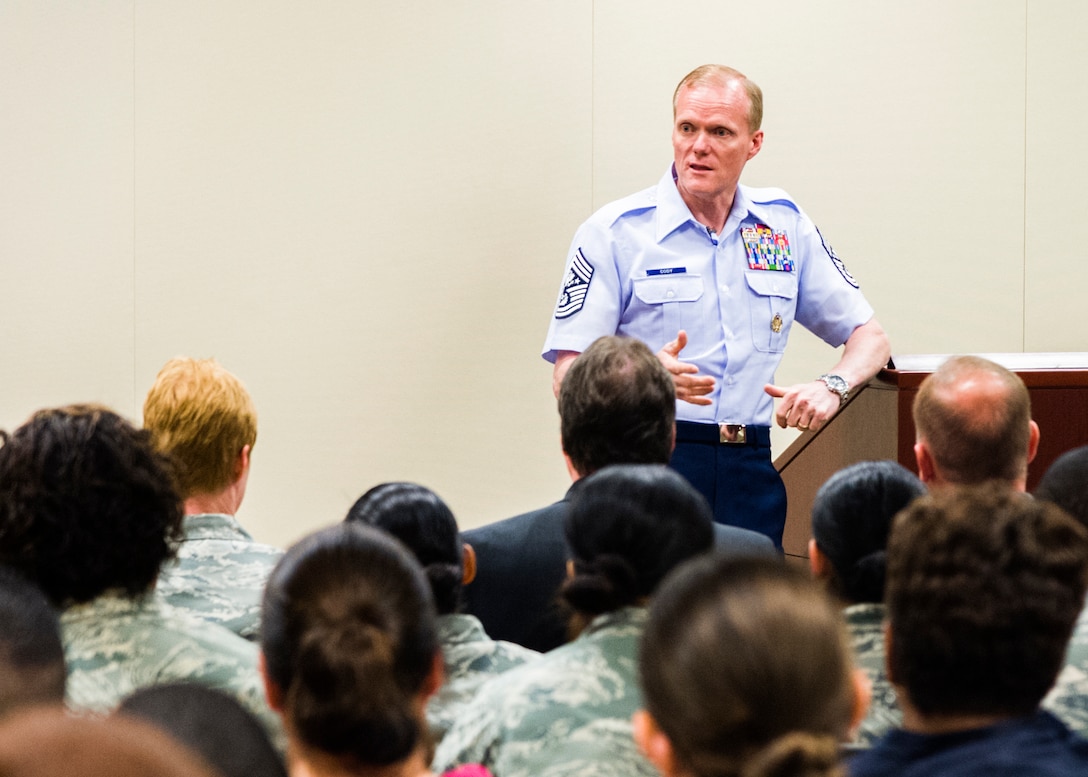 Chief Master Sgt. of the Air Force James Cody speaks to OSI headquarters members at a town hall meeting May 13 at Quantico, Va. The Chief fielded questions about Professional Military Education, sequestration and tuition reimbursement, amongst other things. (U.S. Air Force Photo/Mr. Mike Hastings)