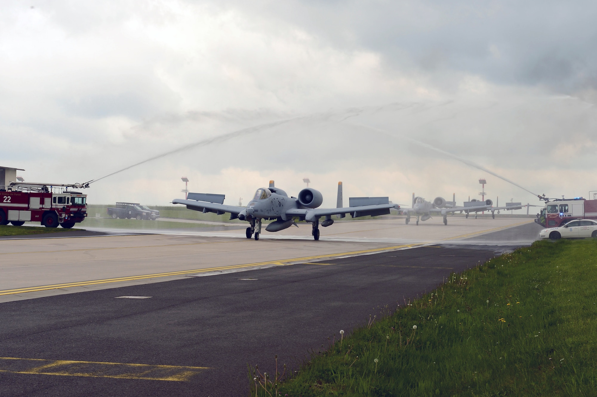 SPANGDAHLEM AIR BASE, Germany – U.S. Air Force A-10 Thunderbolt II attack aircraft return from a tactical sortie on the flightline May 14, 2013. The route of their training took them over the skies of Fulda, a village in central Germany known for its strategic location in the 1980s. (U.S. Air Force photo by Tech. Sgt. Jonathan Pomeroy/Released)