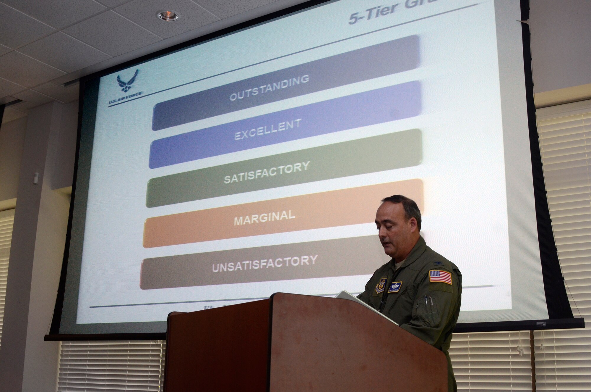 Col. Carlos Halcomb, Consolidated Unit Inspection (CUI) team chief outlines details of reporting the inspection results to leadership from the 22nd Air Force and 94th Airlift Wing during the IG out-brief at Dobbins Air Reserve Base, Ga. May 13. (U.S. Air Force photo/Don Peek)