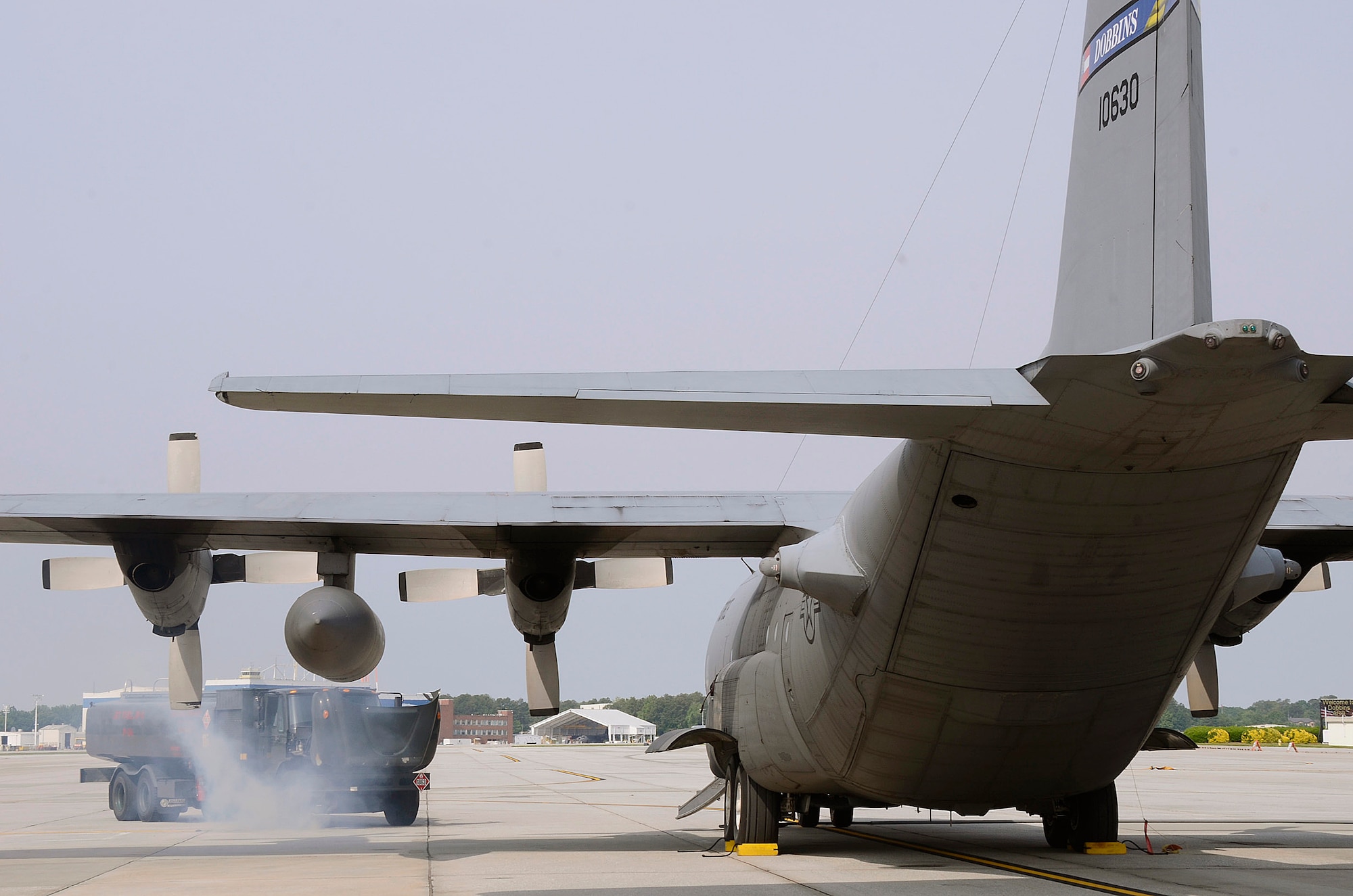 A major accident response exercise (MARE) simulating an incident where an aircraft refueling truck collided with a parked C-130 Hercules was conducted on Dobbins Air Reserve Base, Ga.  May 10. The scenario evaluated the response time and operating procedures of first responders, and explosive ordnance personnel from the 94th Airlift Wing. (U.S. Air Force photo/Don Peek)