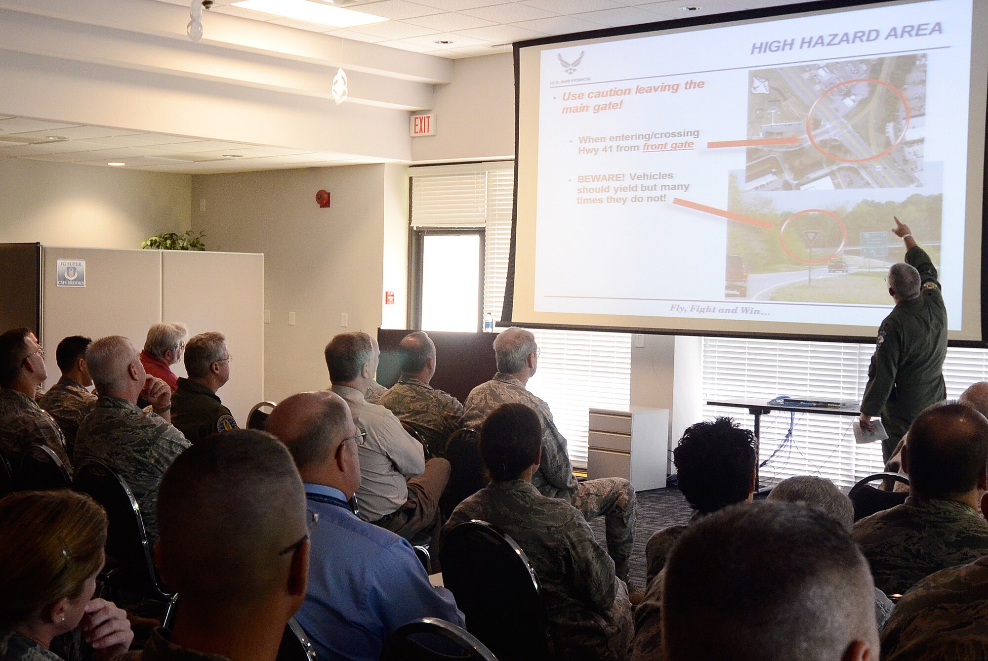 Inspector General Team members receive a wing safety briefing officially marking the beginning of the Consolidated Unit Inspection (CUI) on Dobbins Air Reserve Base, Ga., May 9. The inspection will take roughly a week to complete, with total compliance as the wing goal. (U.S. Air Force photo/Don Peek)