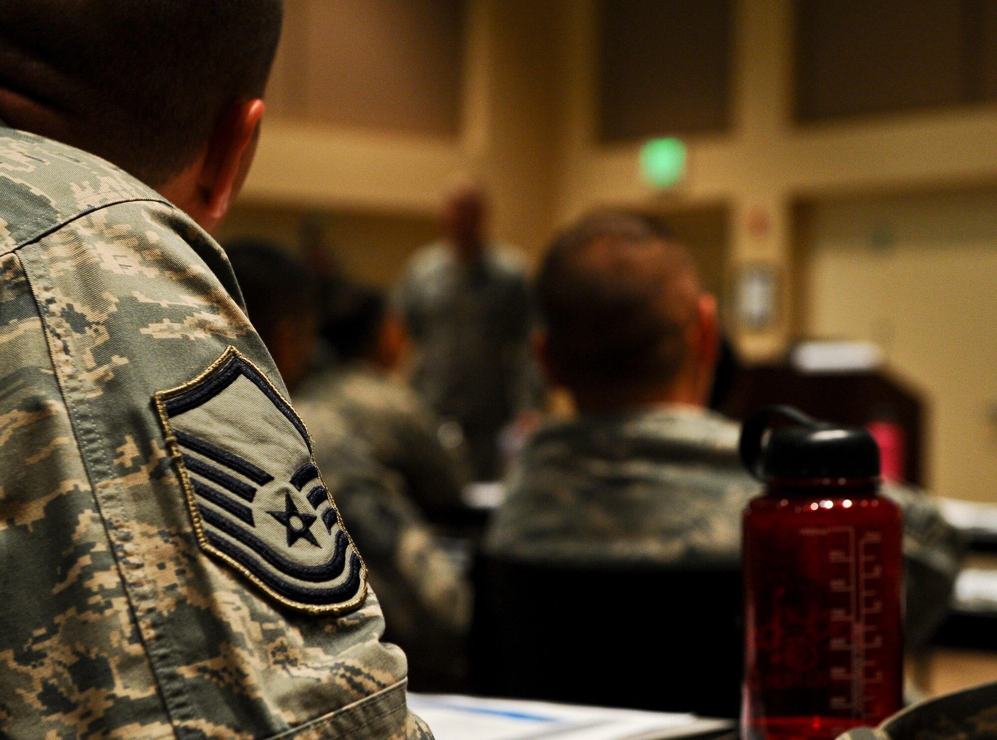 The Additional-Duty First Sergeant Symposium participants learn about the responsibilities of a first sergeant May 8, 2013, at the Leadership Development Center on Buckley Air Force Base, Colo. The training was designed for technical sergeants and above, prepared NCOs and Senior NCOs for duties and responsibilities of a first sergeant. (U.S. Air Force photo by Senior Airman Phillip Houk/Released)