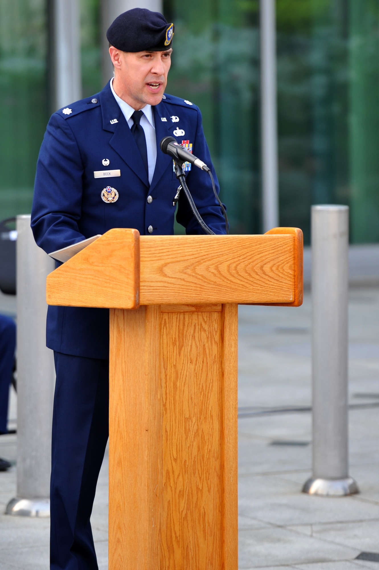 Lt. Col. Jason Beck, 51st Security Forces Squadron commander, speaks during a retreat ceremony at Osan Air Base, Republic of Korea, May 13, 2013. The ceremony was held to honor fallen defenders and Office of Special Investigations agents. (U.S. Air Force photo/Staff Sgt. Emerson Nuñez)