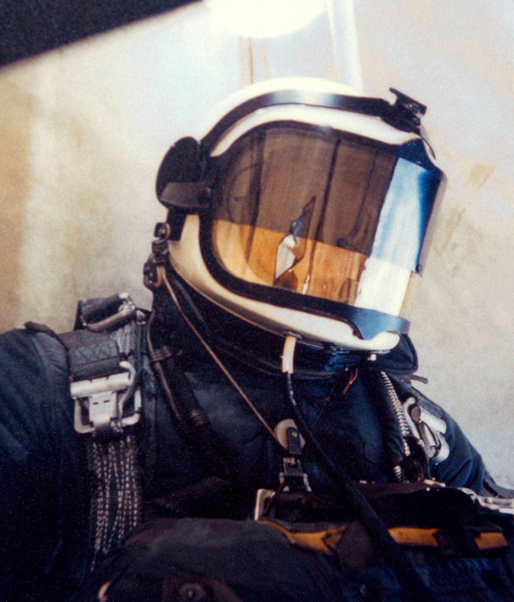 Capt. Kittinger during the Excelsior III ascent. Strapped to him were oxygen bottles, instrumentation and the Beaupre Multi-Stage Parachute system. (U.S. Air Force photo)
