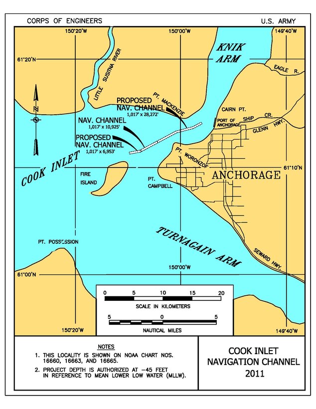 The Cook Inlet Navigation Channel is located almost six miles from the Port of Anchorage within Knik Arm of Cook Inlet, west of Anchorage and northeast of Fire Island. It is the only Coast Guard marked route for all cargo and fuel ships supplying the Port of Anchorage.