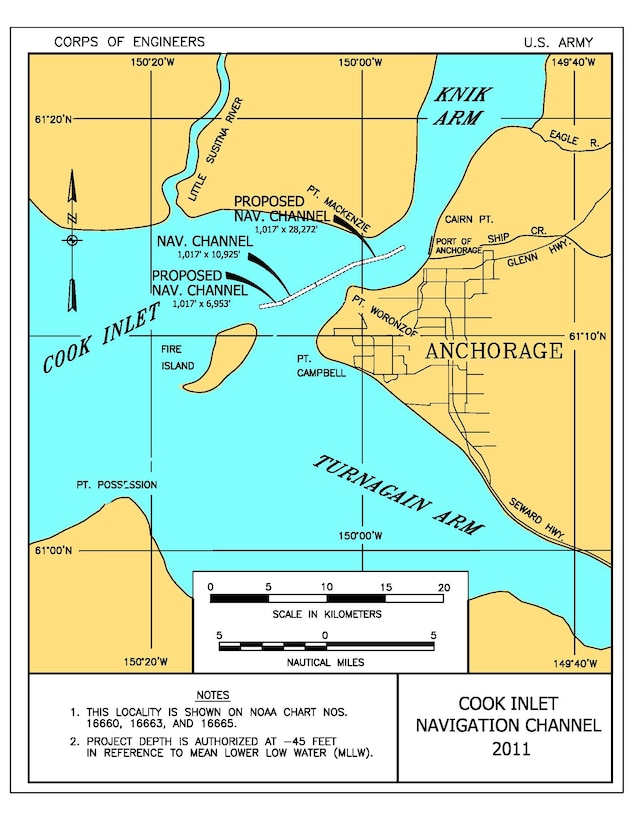 The Cook Inlet Navigation Channel is located almost six miles from the Port of Anchorage within Knik Arm of Cook Inlet, west of Anchorage and northeast of Fire Island. It is the only Coast Guard marked route for all cargo and fuel ships supplying the Port of Anchorage.