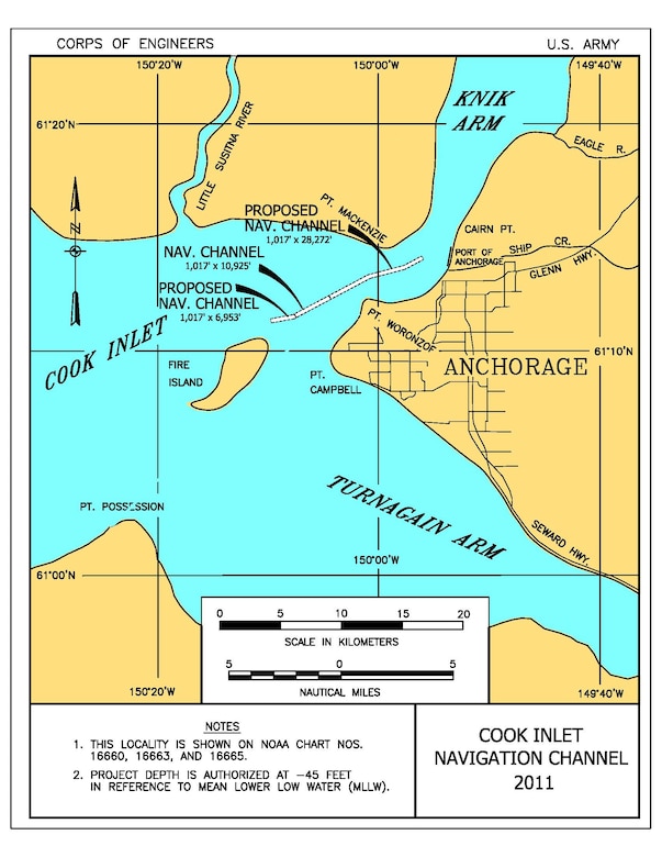 The Cook Inlet Navigation Channel is located almost six miles from the Port of Anchorage within Knik Arm of Cook Inlet, west of Anchorage and northeast of Fire Island. It is the only Coast Guard marked route for all cargo and fuel ships supplying the Port of Anchorage.