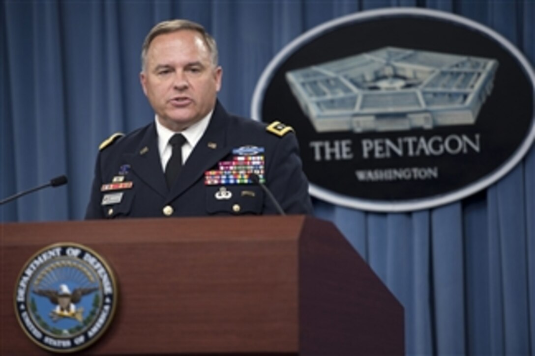 U.S. Army Pacific Commander Lt. Gen. Francis J. Wiercinski conducts a press briefing in the Pentagon on May 13, 2013.  Wiercinski touched on such topics as the impact of the sequester on training and readiness, and the tensions on the Korean peninsula.   