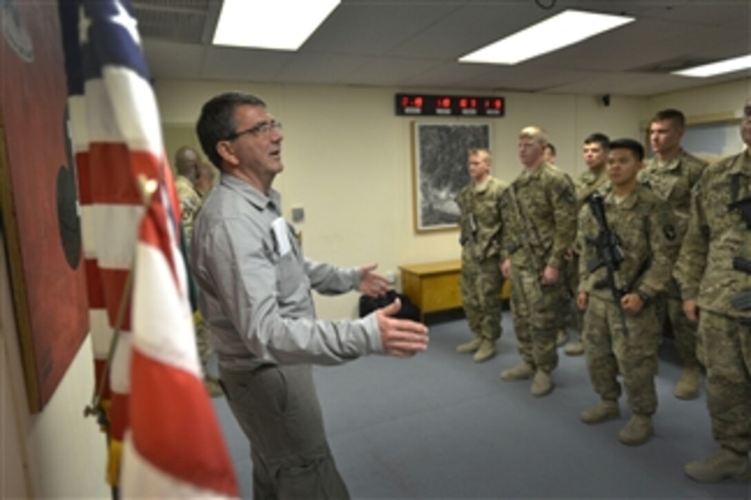 Deputy Secretary of Defense Ashton B. Carter talks to troops during a visit to Jalalabad Air Base in the Nangarhar province of Afghanistan on May 13, 2013.  Carter is at the base to meet with the troops and to receive briefings from senior leaders on the operational and strategic-level reviews of the security transition and retrograde.  
