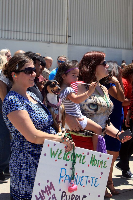 Family and friends of Marines and sailors with Marine Medium Helicopter Squadron 364 (Reinforced), the aviation combat element for the 15th Marine Expeditionary Unit, reunited with loved ones during a homecoming ceremony at Camp Pendleton, May 13.