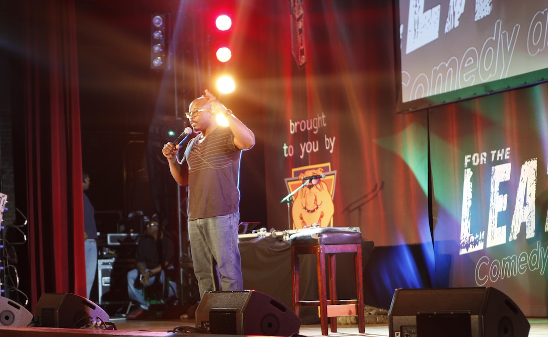 Comedian Rudy Rush performed and hosted the Leathernecks II Comedy and Entertainment Tour at the base theater aboard Marine Corps Base Camp Lejeune April 5. The Leathernecks II Comedy and Entertainment Tour is slated to have 24 shows this year. (Photo by Pfc. Justin A. Rodriguez/released)