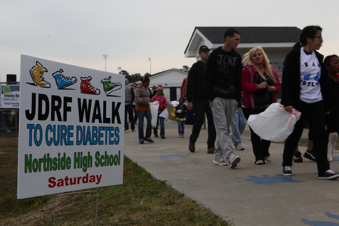 Families gather and start the 7th Annual Walk to Cute Diabetes March 23 in Jacksonville, N.C. The Walk to Cure diabetes aims to spread knowledge and awareness about type 1 diabetes. (Photo by Pfc. Justin A. Rodriguez/released)