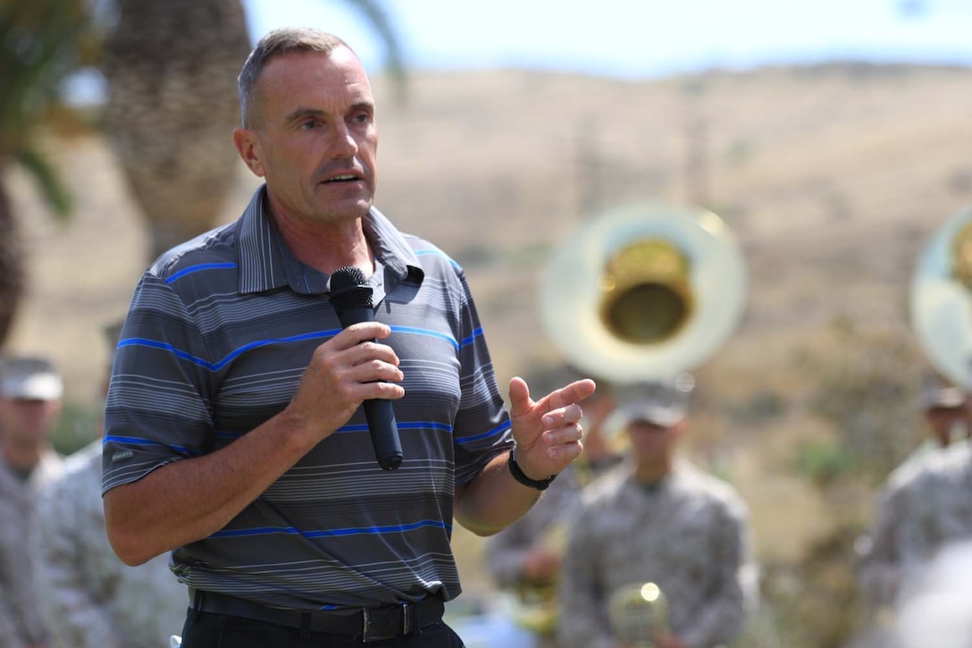 Brigadier Gen. Vincent Coglianese, the commanding general for Marine Corps Base Camp Pendleton and regional authority for five Marine Corps Installations in southwestern United States, speaks to all the invitees before the Commanding General's 2nd Invitational Golf Tournament at the Marine Memorial Golf Course here, May 14, 2013. The tournament provided a unique opportunity for Marines and sailors to network and share experiences with business and community leaders as well as golf industry experts. Each of the 18 holes on the course gave the participants challenges, varying from wearing a flak jacket to playing with alcohol impairment goggles. The intent of the invitational was to highlight facilities aboard the base that are accessible to civilians and provide information about the installation to invited guests.