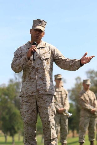 Chief Warrant Officer 4 Anthony Cisneros, the officer in charge of Marine Corps Community Services Camp Pendleton, speaks to all the invitees before the Commanding General's 2nd Invitational Golf Tournament at the Marine Memorial Golf Course here, May 14, 2013. The tournament provided a unique opportunity for Marines and sailors to network and share experiences with business and community leaders as well as golf industry experts. Each of the 18 holes on the course gave the participants challenges, varying from wearing a flak jacket to playing with alcohol impairment goggles. The intent of the invitational was to highlight facilities aboard the base that are accessible to civilians and provide information about the installation to invited guests.