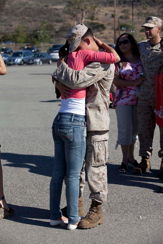 Sergeant Nick Richardson, an Infantryman serving with Weapons Company, 3rd Battalion, 5th Marine Regiment and a native of Broken Arrow, Okla., hugs his wife, Lana, after being dismissed from a formation on the San Mateo parade deck here, May 13, 2013. Families and friends welcome home their Marines and sailors after an eight-month deployment with the 15th Marine Expeditionary Unit. The battalion has been deployed aboard USS Greenbay, USS Peleliu and USS Dubuque as part of the Peleliu Amphibious Ready Group, U.S. Central Command theater reserve force, providing support for maritime security operations and theater security cooperation efforts. The 15th MEU is a Marine Air Ground Task Force comprised of approximately 2,400 personnel.